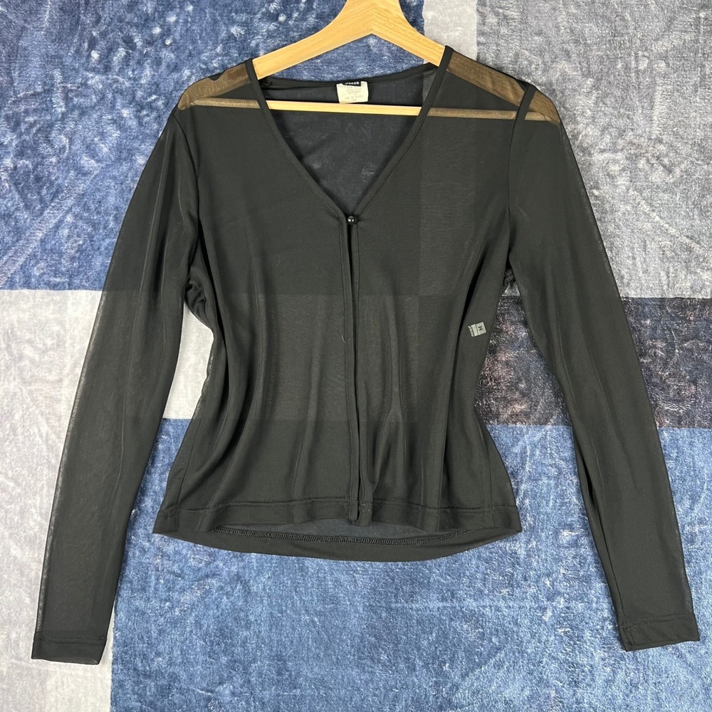 Pssst Womens Sheer Mesh Long Sleeve V-Neck Cardigan Top Black Size M Made In USA
